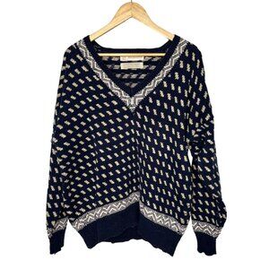 BRAEMAR Vintage 90s Mens XL 100% Cotton Sweater V Neck Diamond Pattern Navy Blue